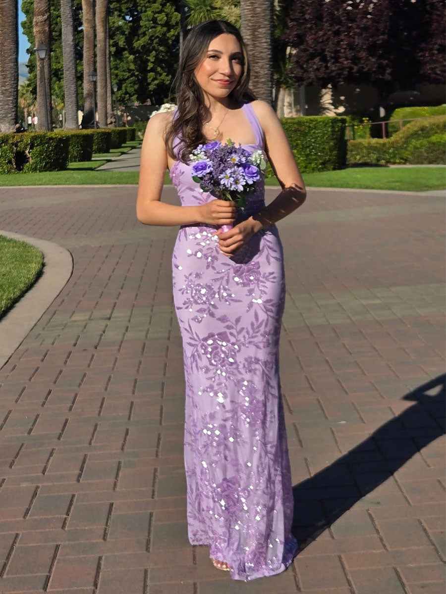 Lavender Sequin Floral Square Neck Prom Dress With Wide Straps