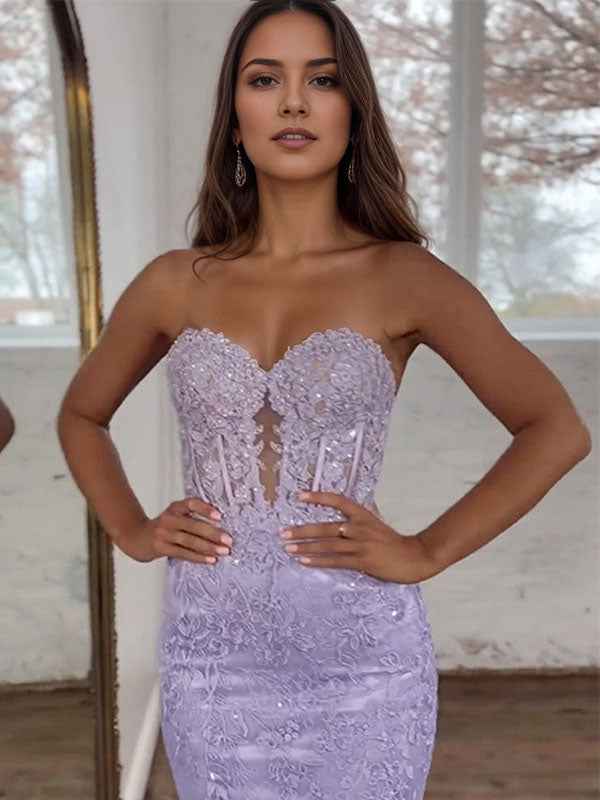 Lavender Strapless Lace Corset Bodice Mermaid Long Prom Dress Beaded Trim