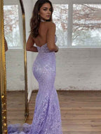 Lavender Strapless Lace Corset Bodice Mermaid Long Prom Dress Beaded Trim