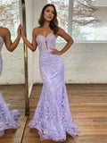 Lavender Strapless Lace Corset Bodice Mermaid Long Prom Dress Beaded Trim