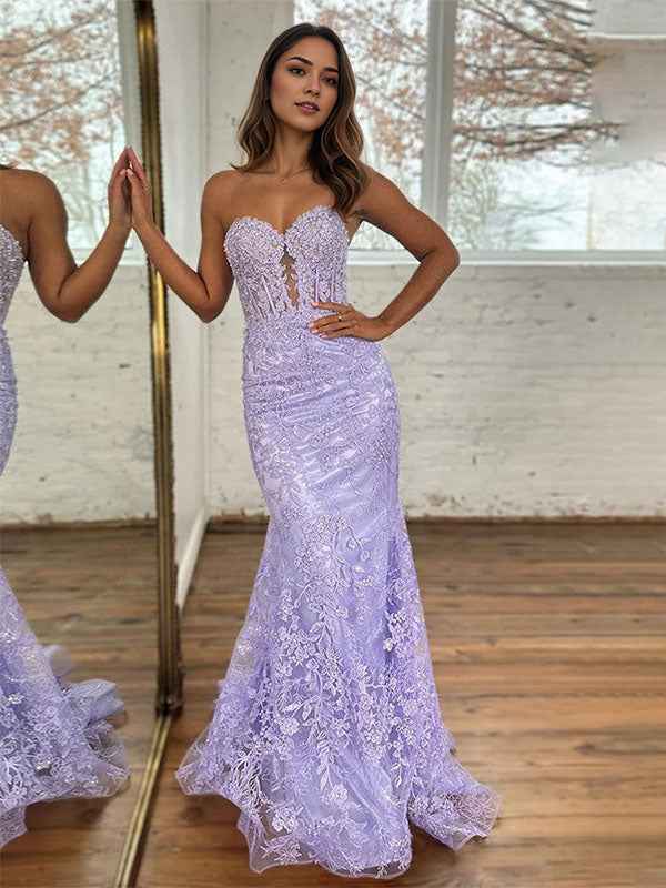 Lavender Strapless Lace Corset Bodice Mermaid Long Prom Dress Beaded Trim