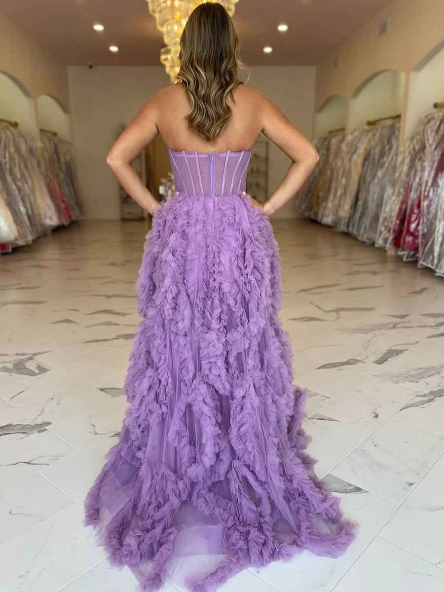 Lavender Strapless Tulle Ruffled Corset Prom Dress Sweetheart Neckline