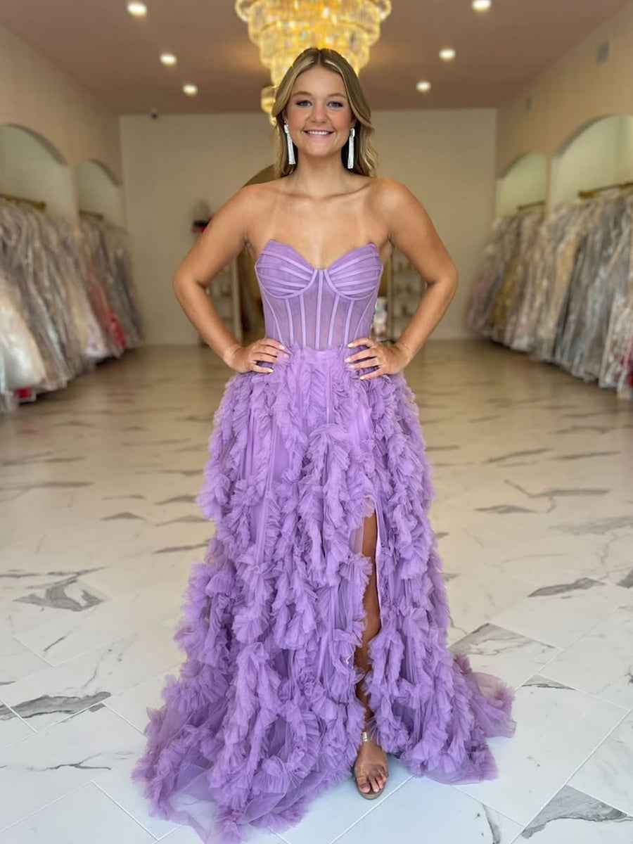 Lavender Strapless Tulle Ruffled Corset Prom Dress Sweetheart Neckline