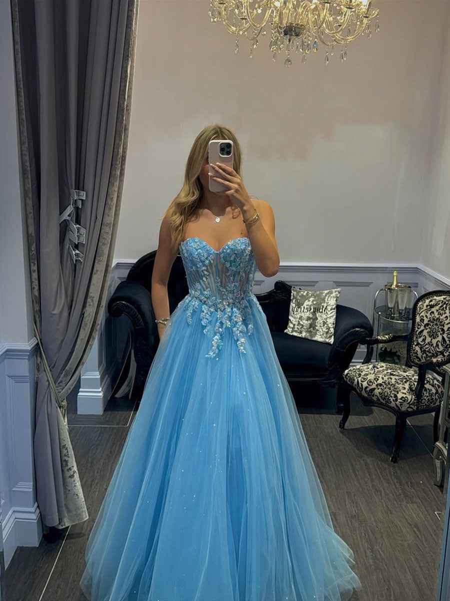 Lavender Strapless Sweetheart Corset Tulle Prom Dress With 3D Floral Appliques