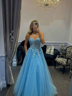 Lavender Strapless Sweetheart Corset Tulle Prom Dress With 3D Floral Appliques