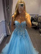 Lavender Strapless Sweetheart Corset Tulle Prom Dress With 3D Floral Appliques