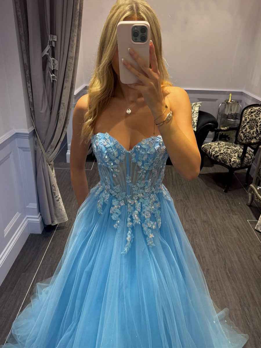 Lavender Strapless Sweetheart Corset Tulle Prom Dress With 3D Floral Appliques
