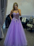 Lavender Strapless Sweetheart Corset Tulle Prom Dress With 3D Floral Appliques