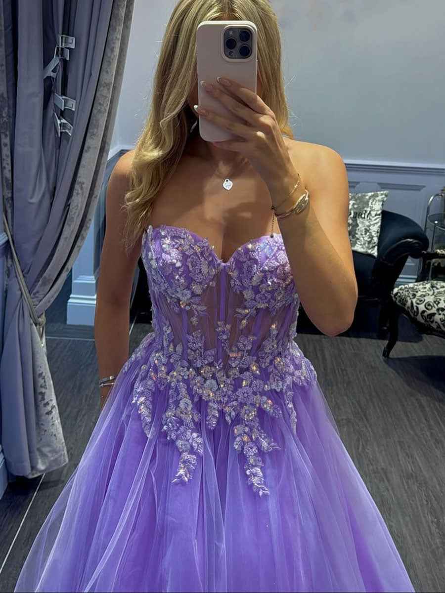 Lavender Strapless Sweetheart Corset Tulle Prom Dress With 3D Floral Appliques