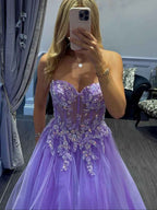 Lavender Strapless Sweetheart Corset Tulle Prom Dress With 3D Floral Appliques