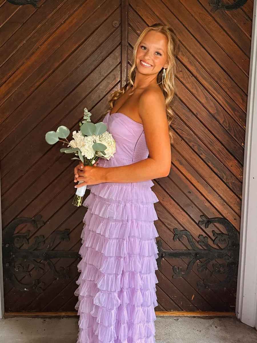 Lavender Strapless Sweetheart Tulle Long Prom Dress With Tiered Ruffles