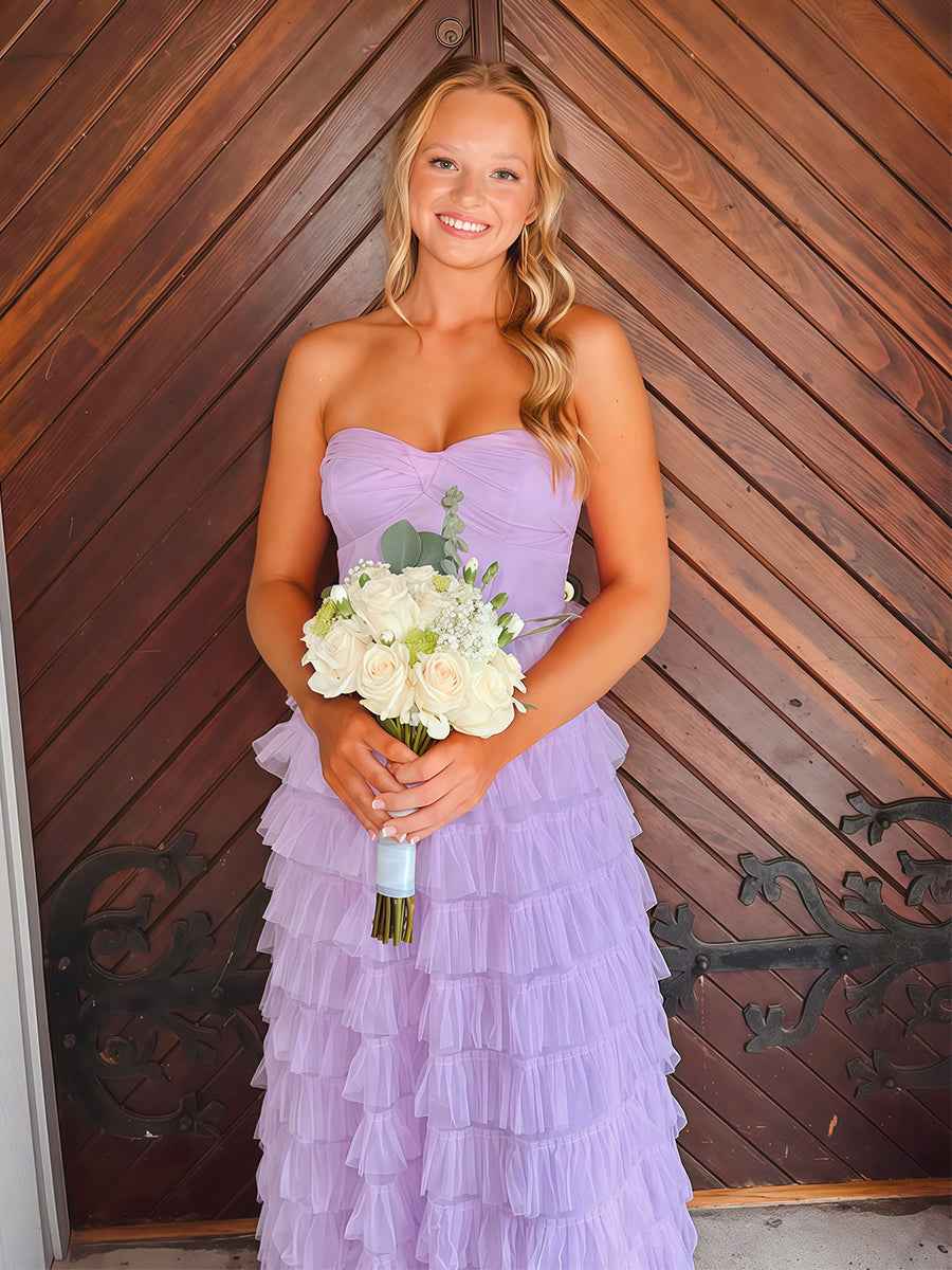 Lavender Strapless Sweetheart Tulle Long Prom Dress With Tiered Ruffles