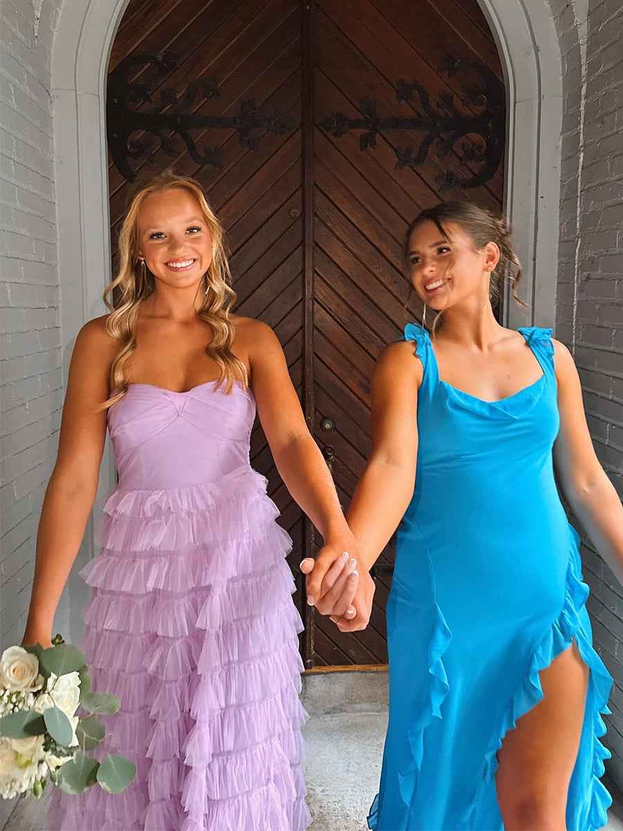 Lavender Strapless Sweetheart Tulle Long Prom Dress With Tiered Ruffles