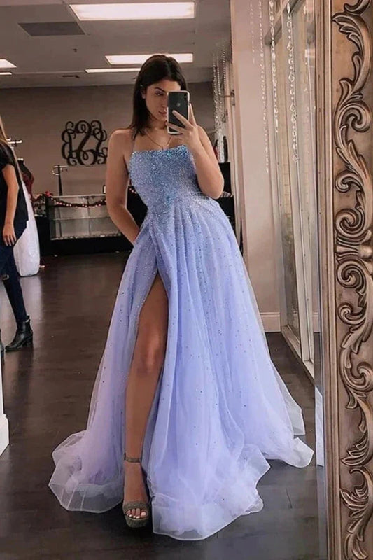 Lavender Tulle A-line Beaded Long Prom Dresses Party Dresses With Slit