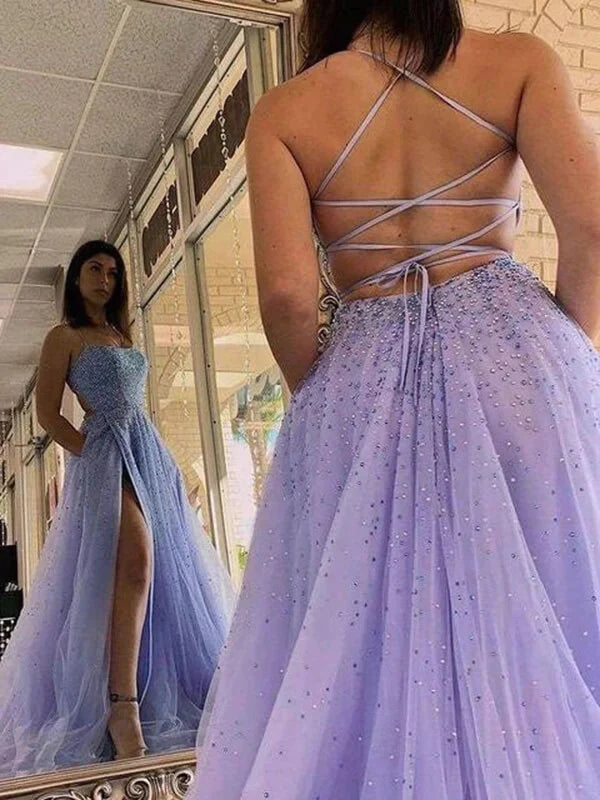 Lavender Tulle A-line Beaded Long Prom Dresses Party Dresses With Slit