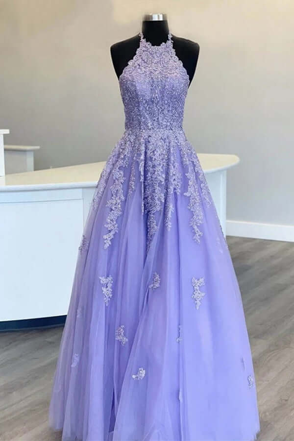 Tulle A-line Halter Lace Appliqued Prom Dresses, Evening Dress