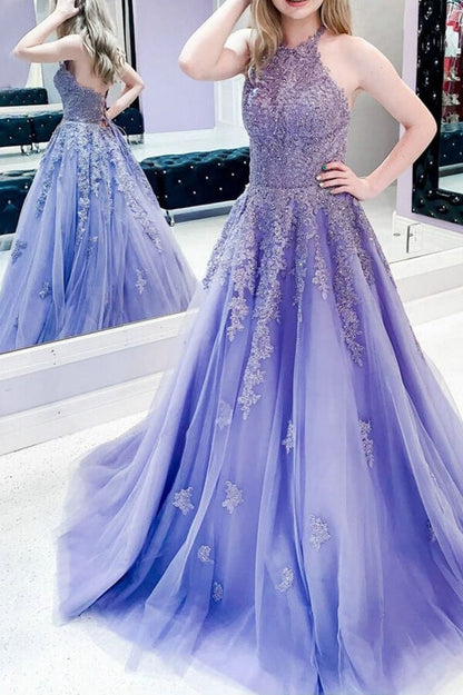 Tüll A-Linie Neckholder Spitzenapplikationen Ballkleider, Abendkleid