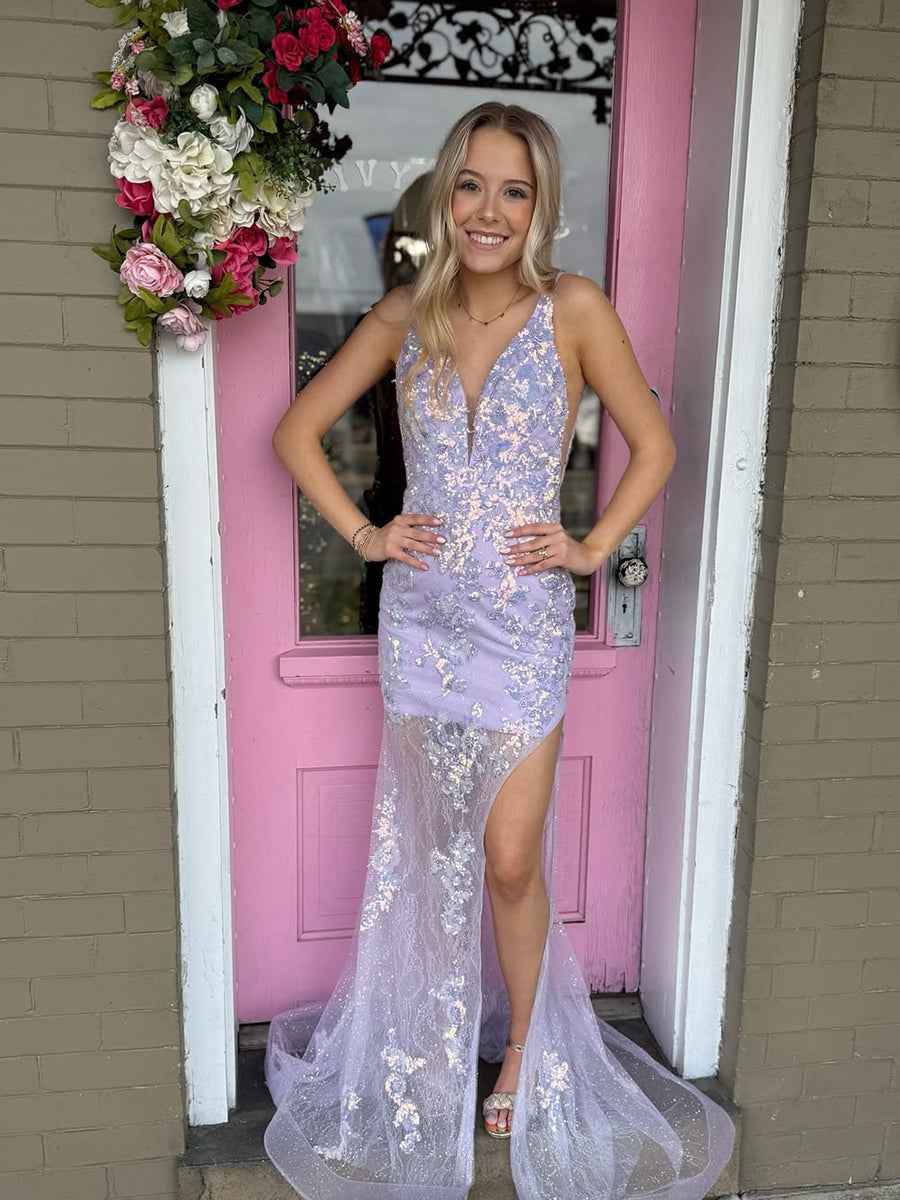 Lavender V-Neck Sequin Prom Gown With Sheer Mesh Overlay