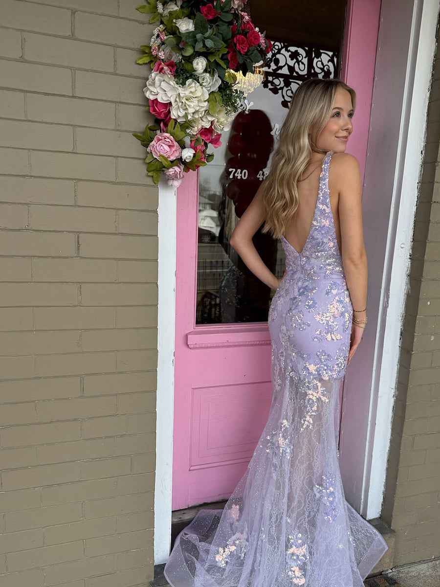 Lavender V-Neck Sequin Prom Gown With Sheer Mesh Overlay