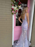 Lavender V-Neck Sequin Prom Gown With Sheer Mesh Overlay
