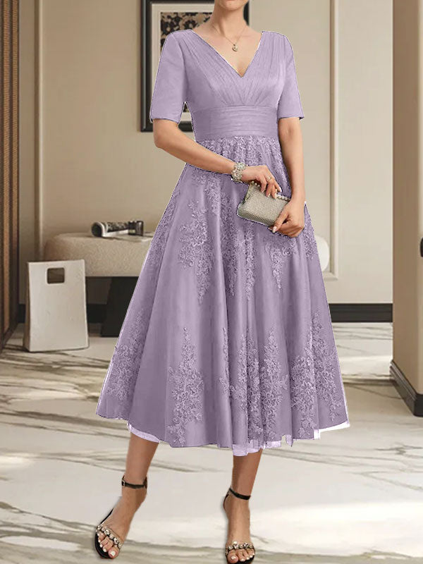 A-Linie V-Ausschnitt Wadenlanges Tüll-Spitzenkleid für die Brautmutter mit Plissee
