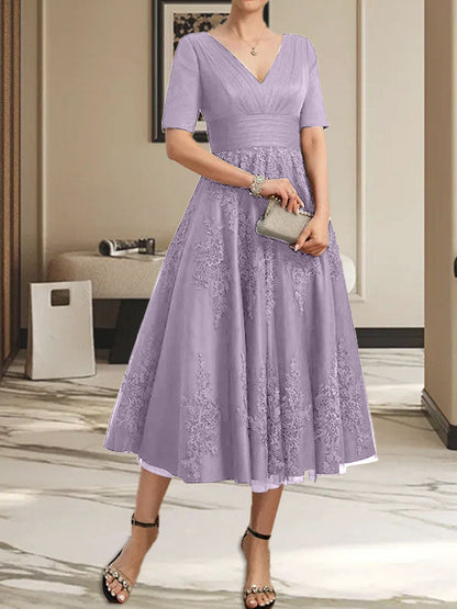 A-Linie V-Ausschnitt Wadenlanges Tüll-Spitzenkleid für die Brautmutter mit Plissee