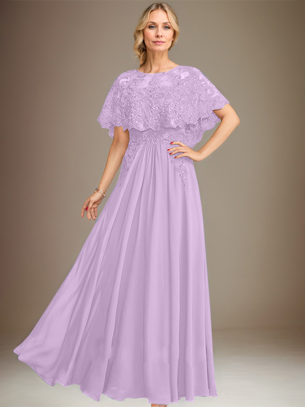 Robe de mère de la mariée en mousseline de soie à dentelle, longueur au sol, en ligne A, col bateau, ornée d'appliques à paillettes