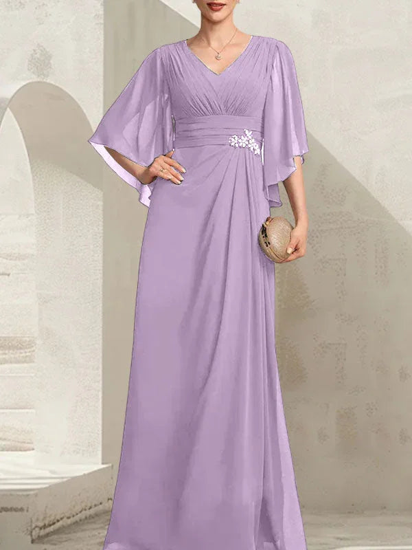 Robe mère de la mariée en mousseline, coupe fourreau/col en V, longueur au sol, ornée de perles plissées et de paillettes