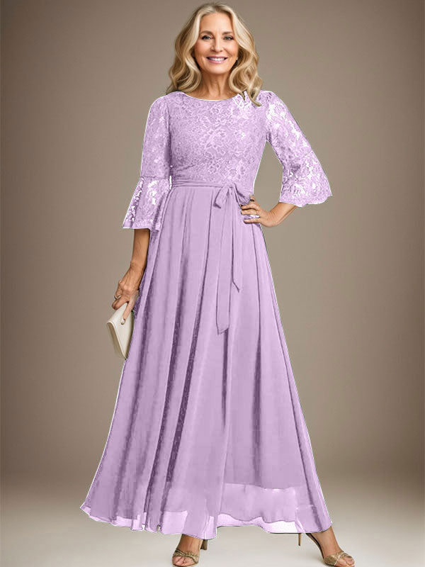 Robe de mère de la mariée en mousseline de soie à dentelle, longueur cheville, en forme trapèze avec encolure dégagée et nœud