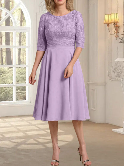A-Linie U-Ausschnitt Knielang Chiffon Spitzenkleid für die Brautmutter
