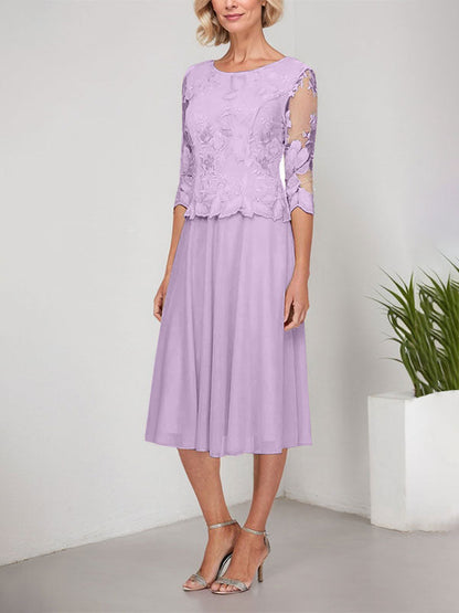 A-Linie U-Ausschnitt Wadenlang Spitzen Chiffon Mutter der Braut Kleid mit Stickerei 