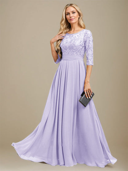 A-Linie U-Ausschnitt Bodenlang Spitzen-Chiffon-Kleid für die Brautmutter mit Paillettenapplikation 