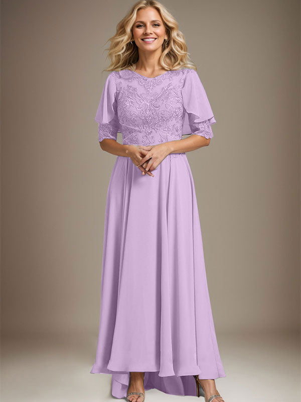 Robe de mère de la mariée en mousseline et dentelle asymétrique à encolure dégagée en ligne A avec perles