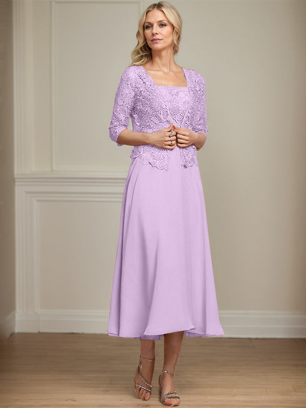 A-Linie Quadratisches Wadenlanges Chiffon-Spitzenkleid für die Brautmutter mit Pailletten und Perlen 