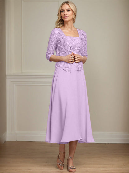 A-Linie Quadratisches Wadenlanges Chiffon-Spitzenkleid für die Brautmutter mit Pailletten und Perlen 