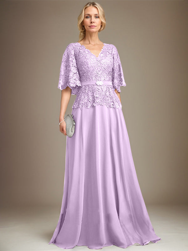 A-Linie V-Ausschnitt Bodenlang Chiffon Spitze Mutter der Braut Kleid Mit Kristall Brosche Strass 