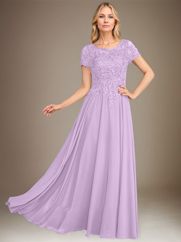 Robe de mère de la mariée en mousseline, longueur au sol, coupe en A, décolleté arrondi, ornée d'appliques et de paillettes