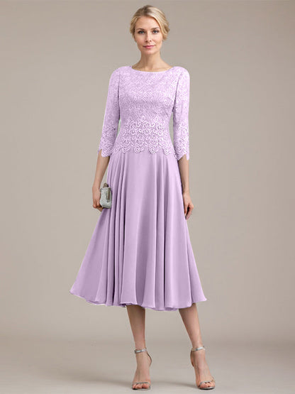A-Linie U-Ausschnitt Wadenlang Chiffon-Kleid für die Brautmutter 