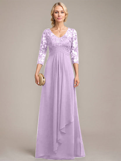 Vestido de madre de la novia de gasa con encaje, escote en V, largo hasta el suelo, con volantes en cascada y lentejuelas 