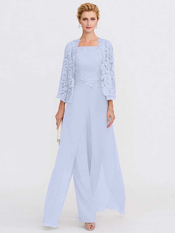 3 Piece Chiffon Square Neck Mother of the Bride Pantsuits with Jacket