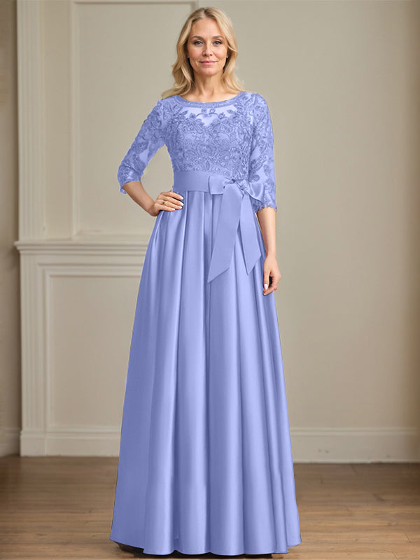 A-Linie, U-Ausschnitt, Illusion, bodenlanges Satin-Spitzenkleid für die Brautmutter mit Paillettenschleife 