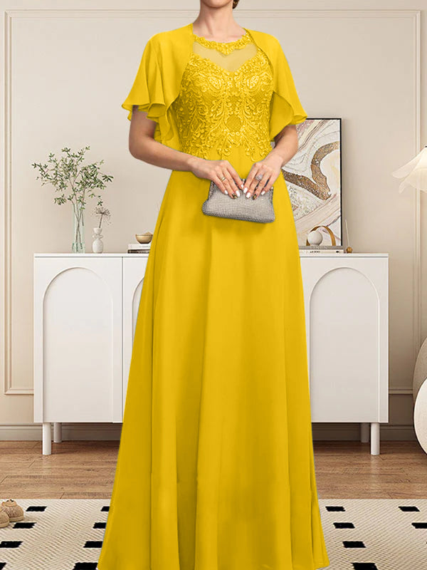 A-Linie, U-Ausschnitt, Illusion, bodenlanges Spitzen-Chiffon-Kleid für die Brautmutter mit Pailletten