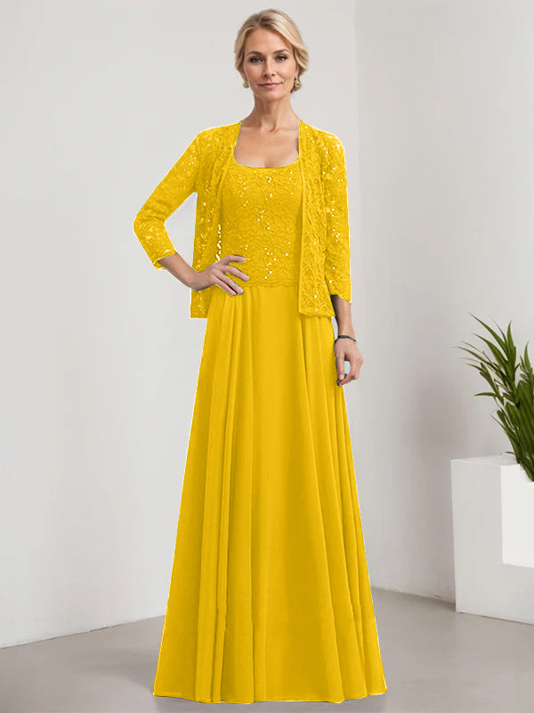 Robe de mère de la mariée en dentelle et mousseline, coupe trapèze, longueur au sol, carrée, ornée de paillettes