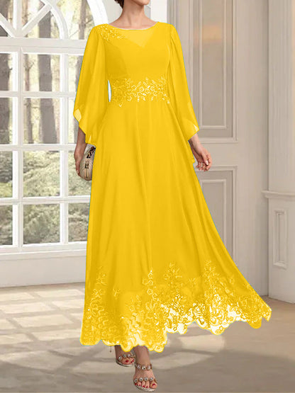A-Linie, U-Ausschnitt, Illusion, knöchellang, Spitzen-Chiffon, Kleid für die Brautmutter mit Pailletten 