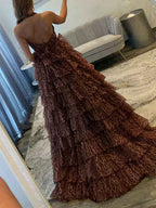 Leopard Print Tiered Ruffle Halter Long Prom Dress Evening Gown