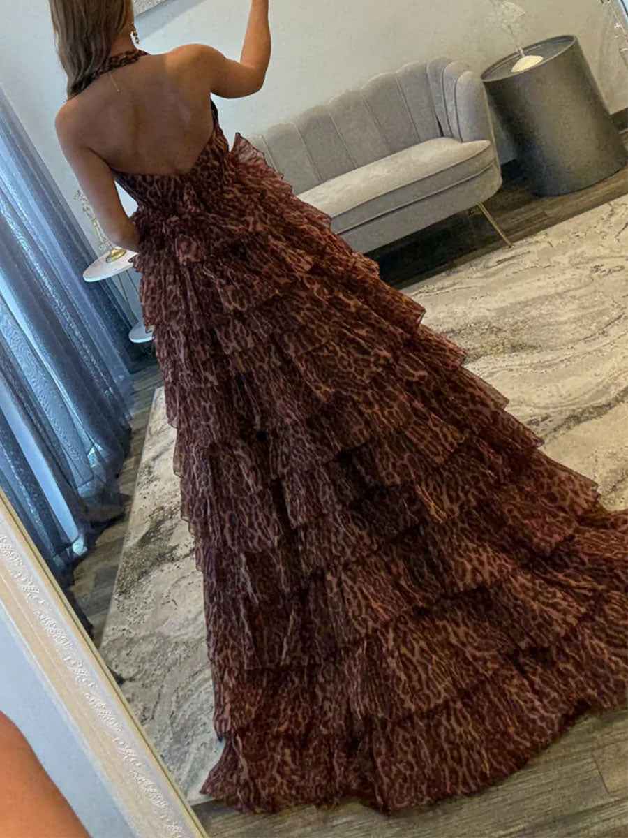 Leopard Print Tiered Ruffle Halter Long Prom Dress Evening Gown
