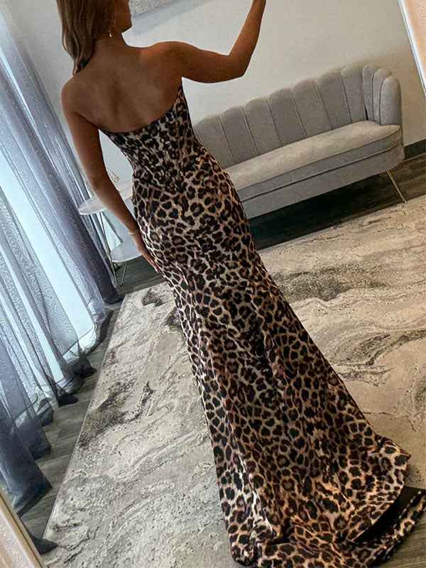 Leopard Print Beaded Sweetheart Mermaid Prom Dress With Corset Bodice