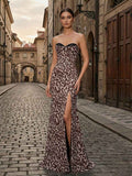 Leopard Print Strapless Sequin Bust Column Prom Dress With High Slit