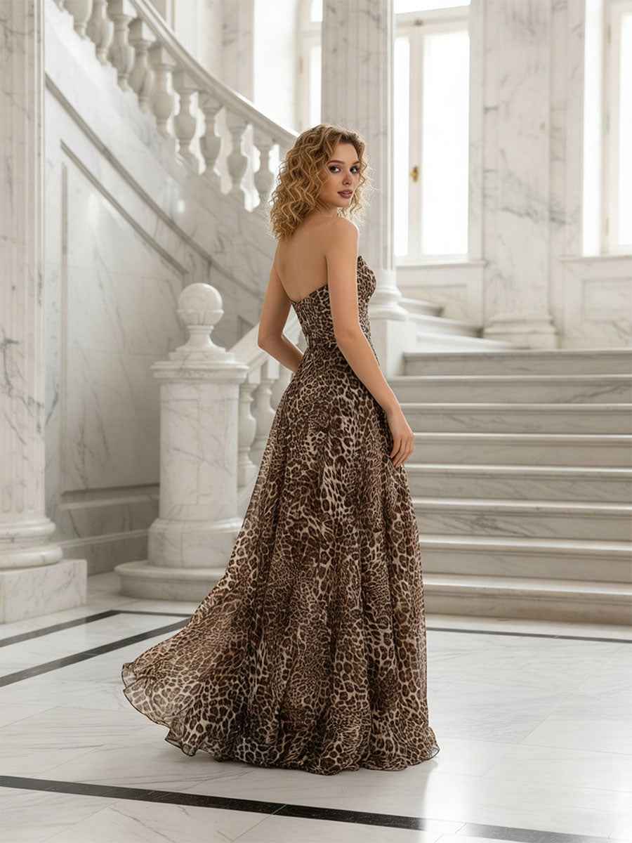 Leopard Print Strapless Sweetheart A Line Prom Dress With High Slit