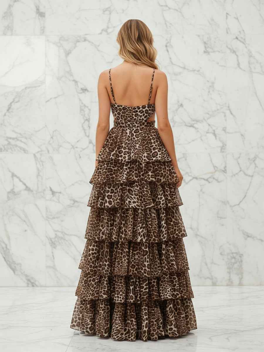 Leopard Print A-Line Prom Dress With Tiered Ruffles And Waist Cutouts